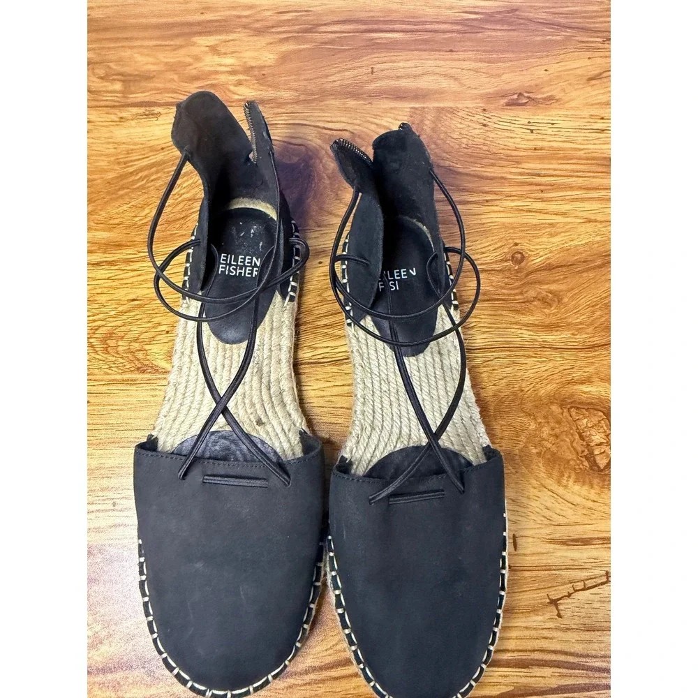 Eileen Fisher Black Lace Nubuck Lace Up Espadrille Flats Back Zip Size 8.5